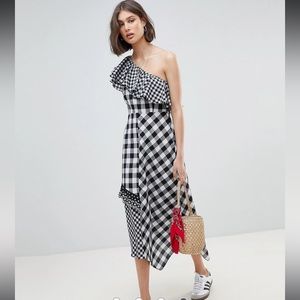 Reclaimed Vintage Gingam Ruffle One Shoulder Assymetric Midi Maxi Dress